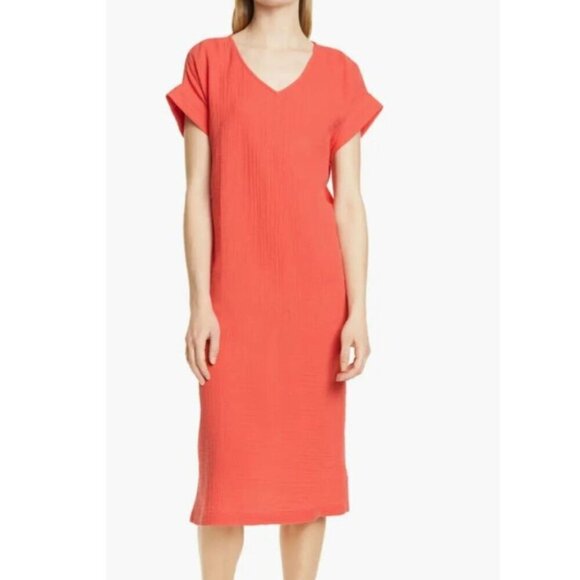 Eileen Fisher Dress Womens Large Orange Short Sleeve V-Neck Midi Cotton Shift - Picture 1 of 5